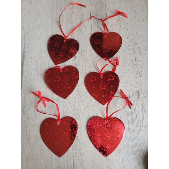 Holographic heart Valentine red set ornament Xmas decor - Picture 1 of 6